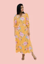 Dellze Off Shoulder Linen Maxi Dress Yellow