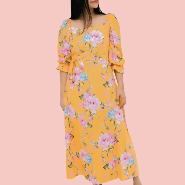 Dellze Off Shoulder Linen Maxi Dress Yellow