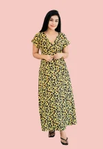 Evwing Leopard Maxi Wrap Dress Yellow